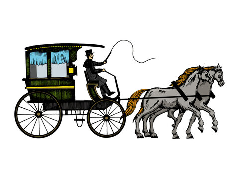 Carriage with horses engraving sketch style hand drawn color vector illustration. Scratch board style imitation. Hand drawn image.