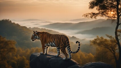 Fototapeta na wymiar Tiger watching the view of foggy forest from the top of a high rock, sunset, with copy space