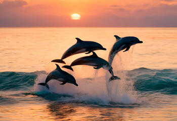 Seascape. A school of dolphins emerge from the sea against the backdrop of sunset