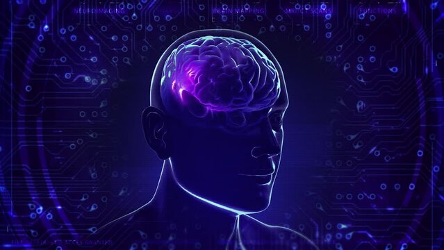 Animation of 3D Head and Brain Model Rotating. Electrical Impulses Shinning inside the Brain, Synapse. Futuristic Technology Background, Circuit Board Interface.