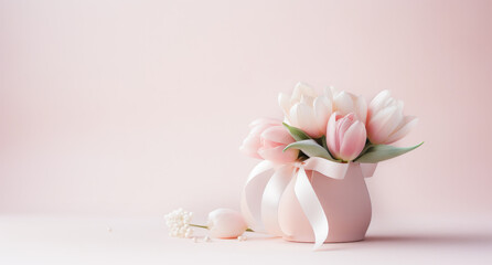 Fototapeta na wymiar Pink White Tulips in vase on a Pastel Background