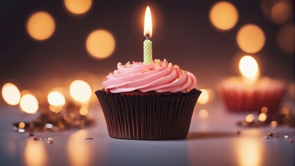 birthday cupcake with candle on it, with copy space
