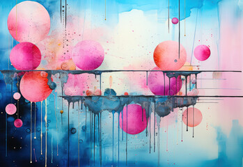 Vibrant Abstract Painting with Pink and Blue Hues, Golden Dots, and Geometric Circles