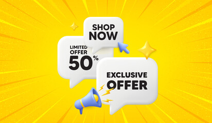 Exclusive offer tag. 3d offer chat speech bubbles. Sale price sign. Advertising discounts symbol. Exclusive offer speech bubble 3d message. Talk box megaphone banner. Vector