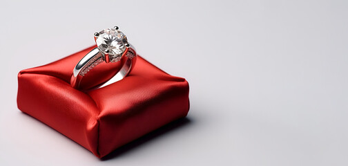 A diamond proposal ring on a red cushion