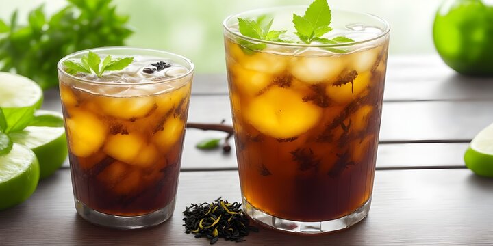 RISHI GREEN OR BLACK ICED TEA on the wooden table bokeh lights background with copy space