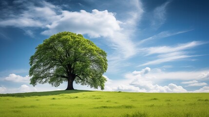 A tree that is beautiful stands tall in a grassy field with a treeline in the background. - obrazy, fototapety, plakaty