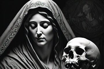 Mary, mother of Jesus with skull face, highly detailed AI generated illustration