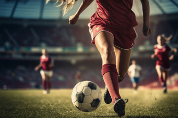 woman leg shooting football outdoor - obrazy, fototapety, plakaty