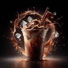 an iced chocolate orange drink with topped milk and powder cola in plastic cup