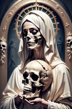 Mary, mother of Jesus with skull face, highly detailed AI generated illustration
