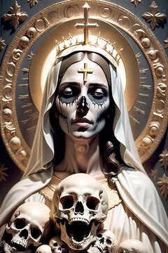 Mary, mother of Jesus with skull face, highly detailed AI generated illustration