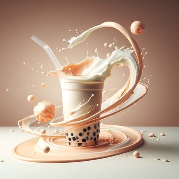 smoothly Bubble tea in plastic cup and mlik dropped on surface