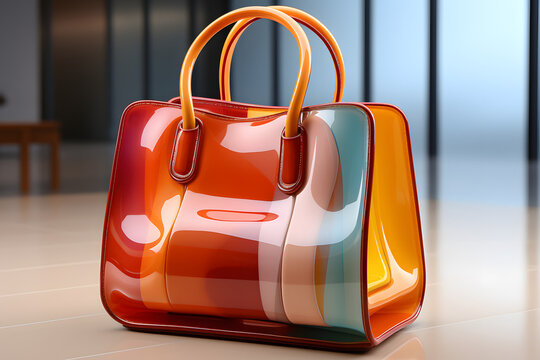Glossy multicolored tote bag on a reflective surface