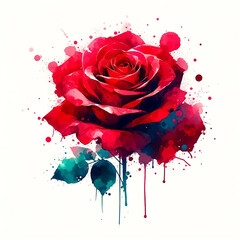 Red rose in a minimalist and abstract style with vivid colors and watercolor effects. Isolated.