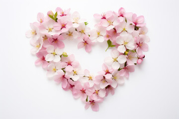 Heart made of blooming flowers on white background