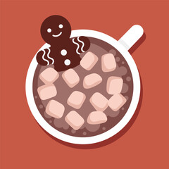 Cup of hot chocolate with marshmallows and gingerbread man. Winter drink top view vector illustration.