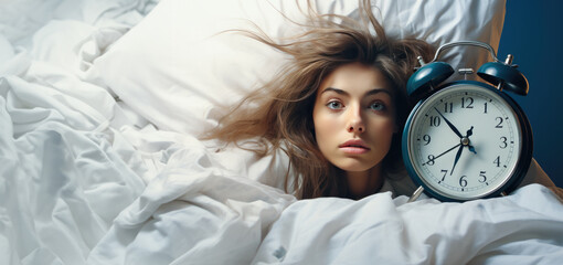 Young girl wake up from the alarm ringing - obrazy, fototapety, plakaty