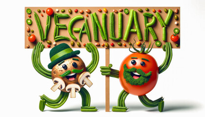 Vegetarian concept from funny vegetables. "Veganuary" month-long vegan commitment in January.