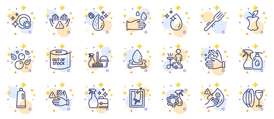Outline set of Dont touch, Toilet paper and Organic waste line icons for web app. Include Rubber gloves, Dish plate, Dirty mask pictogram icons. Fork, Cleaning liquids, Window cleaning signs. Vector