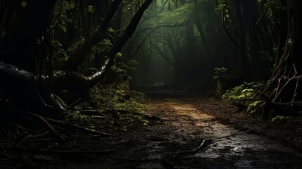 A dark forest with greenery surrounding it and a small amount of light coming from above is the location of the curvy, narrow, and muddy road.