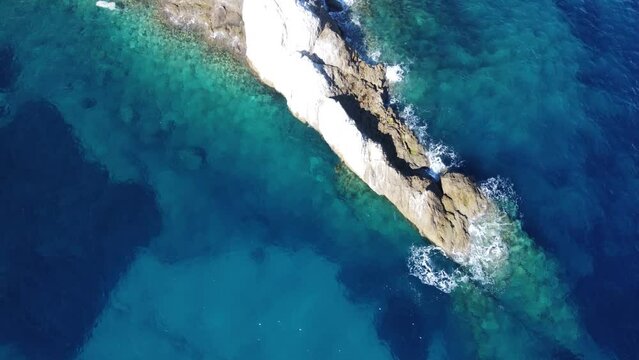 Aerial top view of marvelous livadi beach on the Ikaria coast, north Aegean Islands in greece