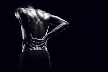 Back pain on solid black background. ai generative