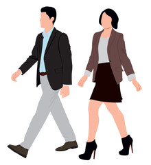Pair of business man and woman in different pose walking.  Business people posing. 