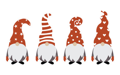 Christmas gnome, Scandinavian gnome. Set of gnomes in orange hats of different shapes on white. Vector illustration