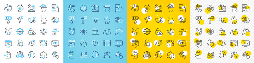 Vector icons set of Currency rate, Fishing float and Verification document line icons pack for web with Seo gear, 24h service, Time management outline icon. Lock, Employee benefits. Vector