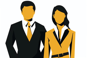 Icon of silhouettes of a man and woman in formal, business clothes on a white background with space for text