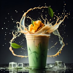 iced milk green tea mango drink plastic cup and ice water dropped on surface