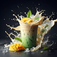 iced milk green tea mango drink plastic cup and ice water dropped on surface