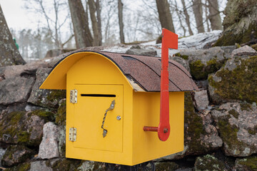yellow mailbox,  Communication concept. Retro style postbox