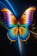 Beautiful glowing butterfly on black background. AI