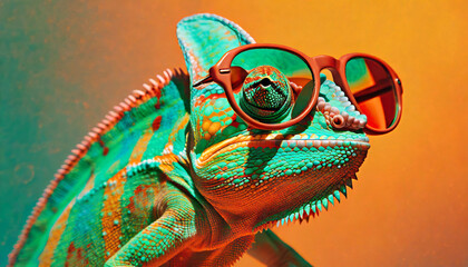 Chameleon wearing sunglasses. Emerald orange background. Generative AI