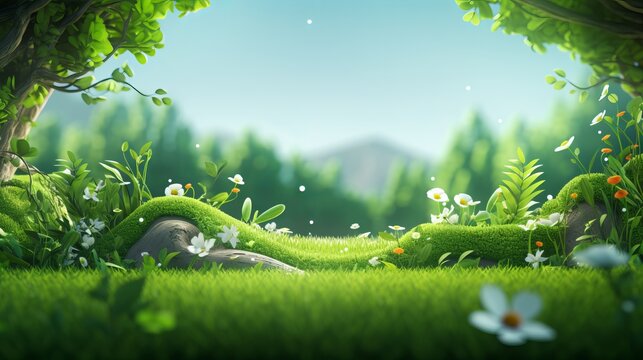 A grassy landscape that is 3d and features green leaves