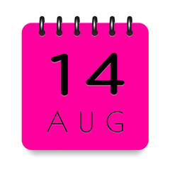 14 day of the month. August. Pink calendar daily icon. Black letters. Date day week Sunday, Monday, Tuesday, Wednesday, Thursday, Friday, Saturday. Cut paper. White background. Vector illustration.