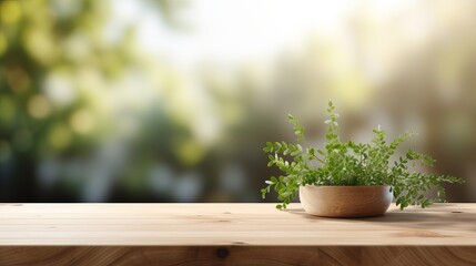 A table in 3d that is made of wood and has a blurry background from a plant window.