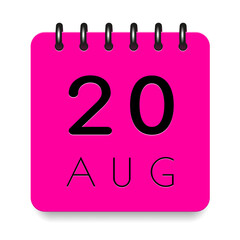 20 day of the month. August. Pink calendar daily icon. Black letters. Date day week Sunday, Monday, Tuesday, Wednesday, Thursday, Friday, Saturday. Cut paper. White background. Vector illustration.