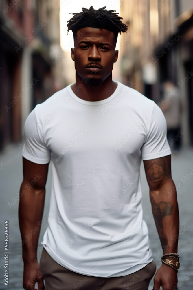 Wall mural Young black man wearing white t shirt mock up at the street