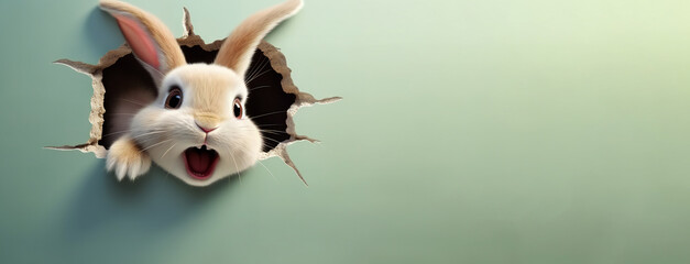 rabbit peeks out of a hole on a green background. for Easter ad with copy space
