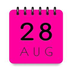 28 day of the month. August. Pink calendar daily icon. Black letters. Date day week Sunday, Monday, Tuesday, Wednesday, Thursday, Friday, Saturday. Cut paper. White background. Vector illustration.