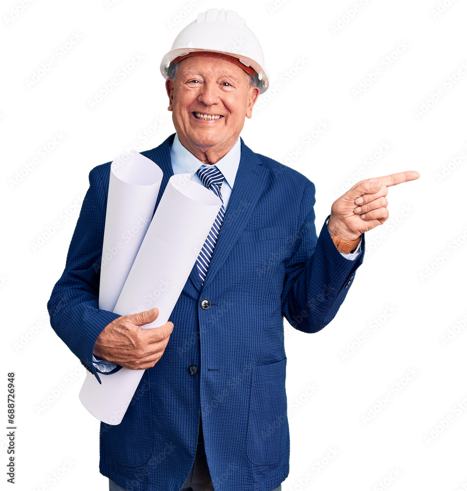 Poster Senior handsome grey-haired man wearing architect hardhat holding blueprints smiling happy pointing with hand and finger to the side