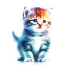 Kitten portrayed in a minimalist and abstract watercolor style, set against a pure white background. Isolated.