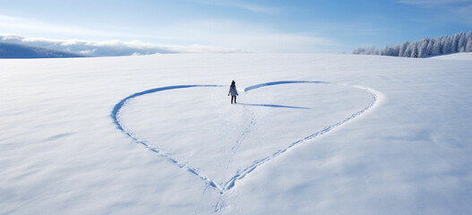 Obraz premium Heart shape drawn on the snowWoman draws heart in snowy mountain meadow