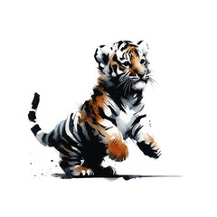 tiger cub portrayed in a minimalist and abstract watercolor style, set against a pure white background. Isolated.