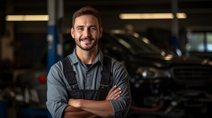 A picture of a young mechanic holding a wrench and smiling while ready to fix cars. - obrazy, fototapety, plakaty
