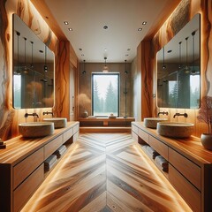 Anteroom in front of the bathroom entrance with a large mirror and two stone sinks with natural wood countertops made with epoxy resin