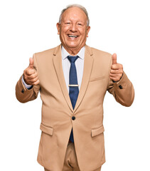 Senior caucasian man wearing business suit and tie success sign doing positive gesture with hand, thumbs up smiling and happy. cheerful expression and winner gesture.